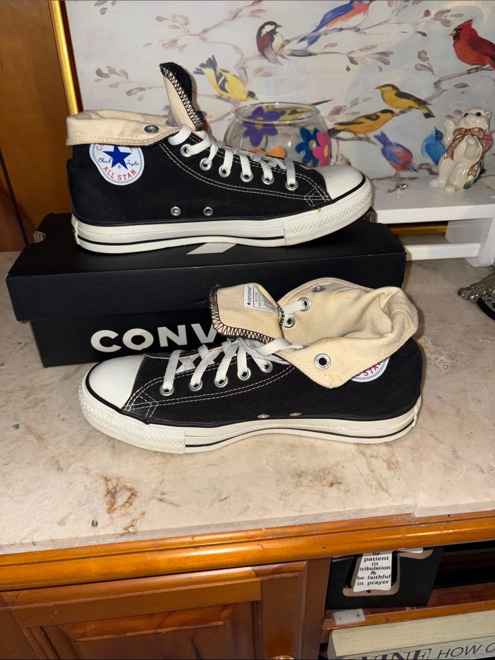 Converse All Star High Top Sneakers in Black with Cream Fold-Over Collar
